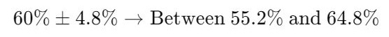 60%±4.8%→Between 55.2% and 64.8%60\% \pm 4.8\% \rightarrow \text{Between } 55.2\% \text{ and } 64.8\%60%