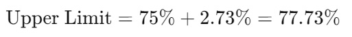 Upper Limit=75%+2.73%=77.73%\text{Upper Limit} = 75\% + 2.73\% = 77.73\%Upper Limit=75%+2.73%=77.73%